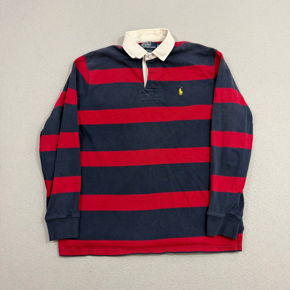 Polo Ralph Lauren Rugby Shirt Men Medium Navy Red Striped Long Sleeve Pony Logo